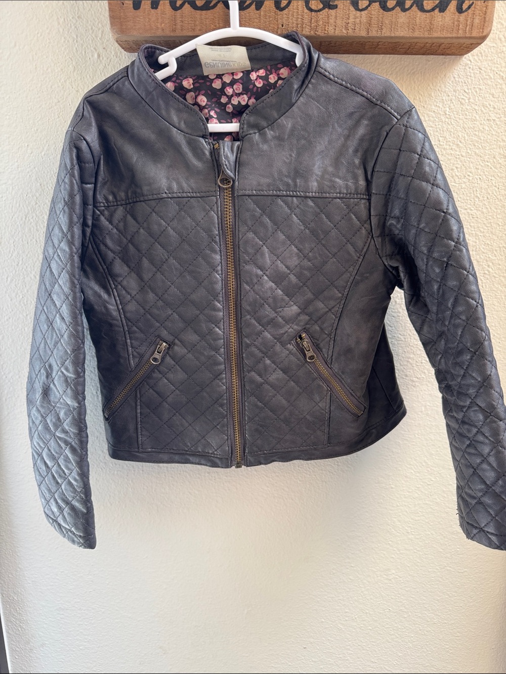 Girls Quilted Faux Leather Jacket - Black